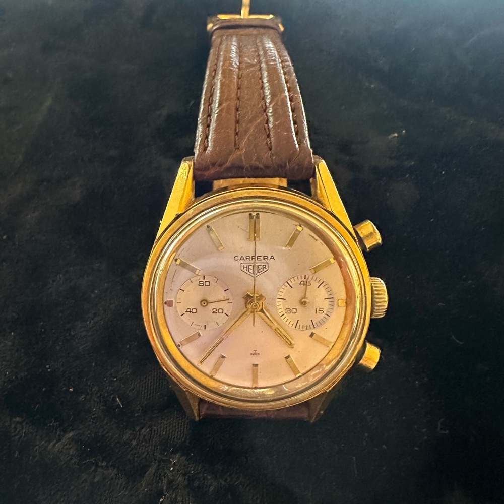 Gold Plated Carrera Heuer Chronograph Watch w/ Brown Leather Strap. Manual wind